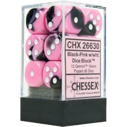 Dice Set - 12 x 16mm D6 - Gemini Black & Pink w/White