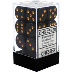 Dice Set - 12 x 16mm D6 - Opaque Black w/Gold