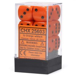 Dice Set - 12 x 16mm D6 - Opaque Orange w/Black