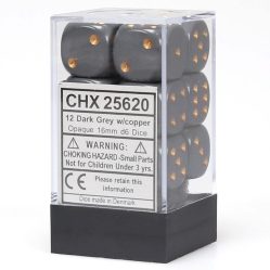 Dice Set - 12 x 16mm D6 - Opaque Dark Grey w/Copper